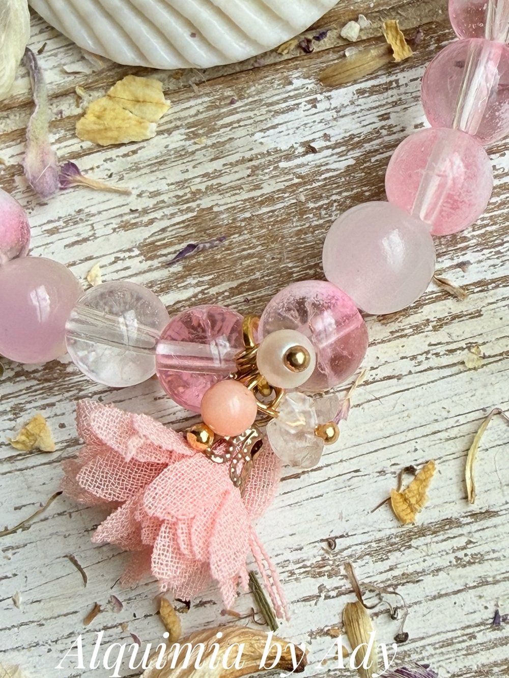 Alquimia Soft Pink Beaded Bracelet with Fabric Tassel Charm